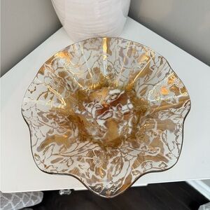 Vintage Gold Gilded Floral Overlay Ruffled Handkerchief Glass Bowl